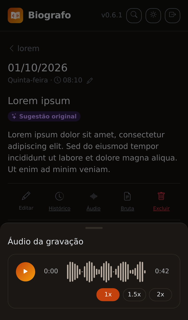 Player de áudio do Biógrafo no celular